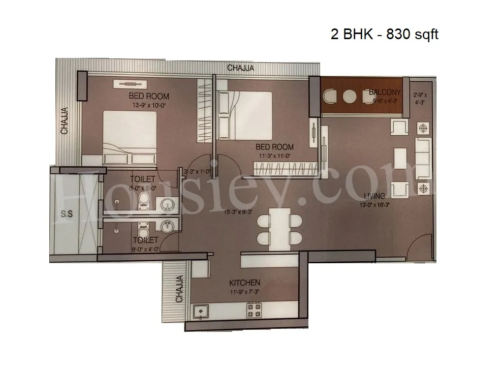 Ruparel Iris Unit plan - 830 sq.ft.